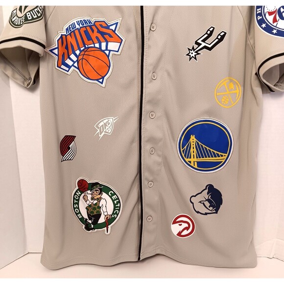 Vtg NBA Jersey Shirt Men M Tan All Over Print Patchwork Lakers Bulls Knicks Heat - Picture 5 of 11